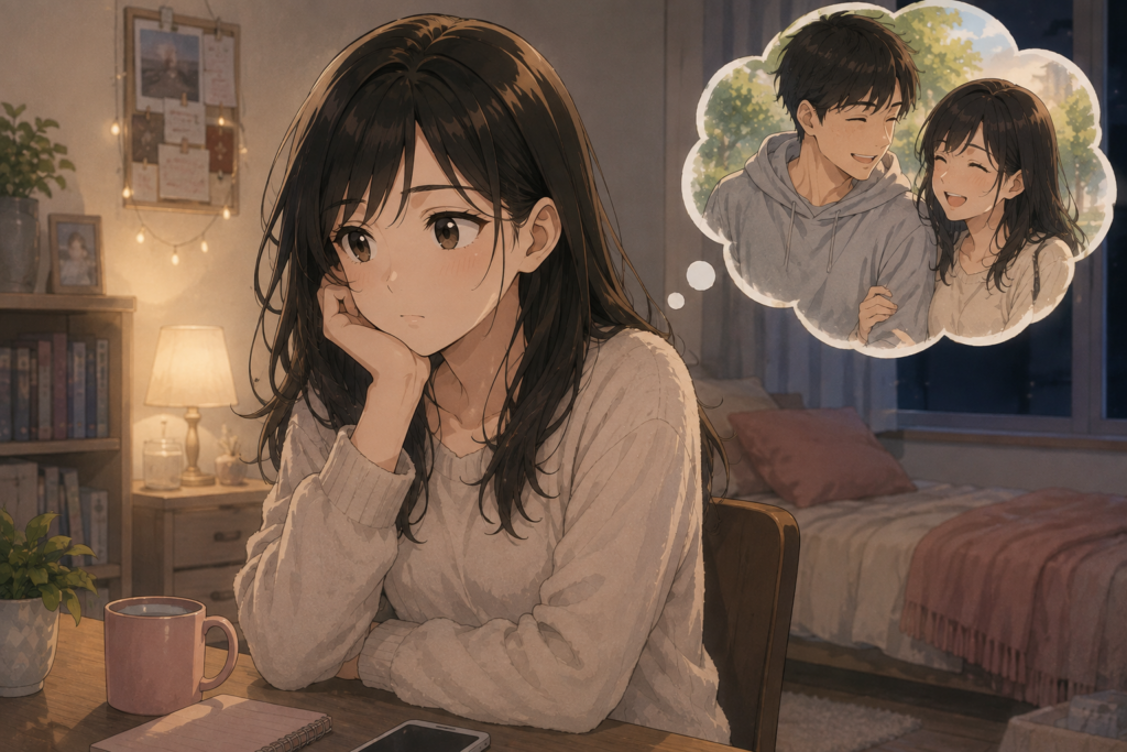今の彼氏との日々を思い出して、気持ちが決められない女性。