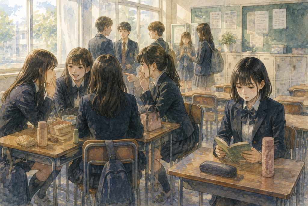 教室の昼休みの風景。一人で読書する女子生徒。