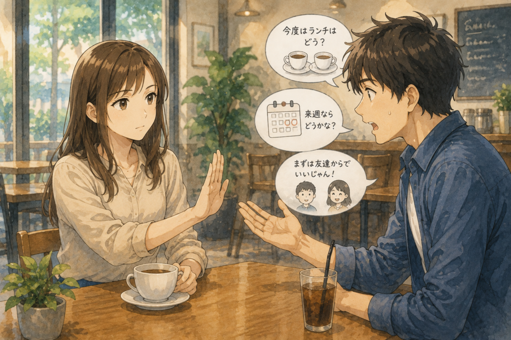 何度もアプローチする男性。しつこい状態になっている。