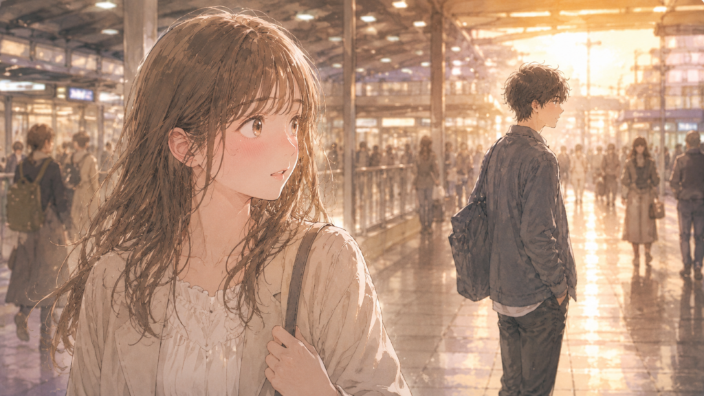帰る男性を見送る女性。駅での別れが名残り惜しい。