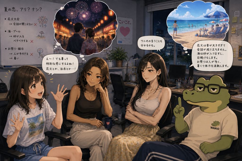 夏の恋愛を語るミユ。反論するワニオ。