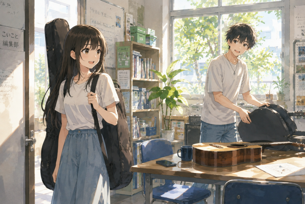 編集部で練習の準備をするハルキとツムギ。