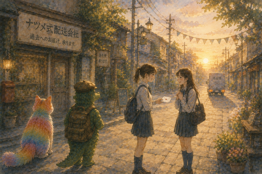 友達に手紙を渡す少女。現在の手紙は未来を変える可能性がある。