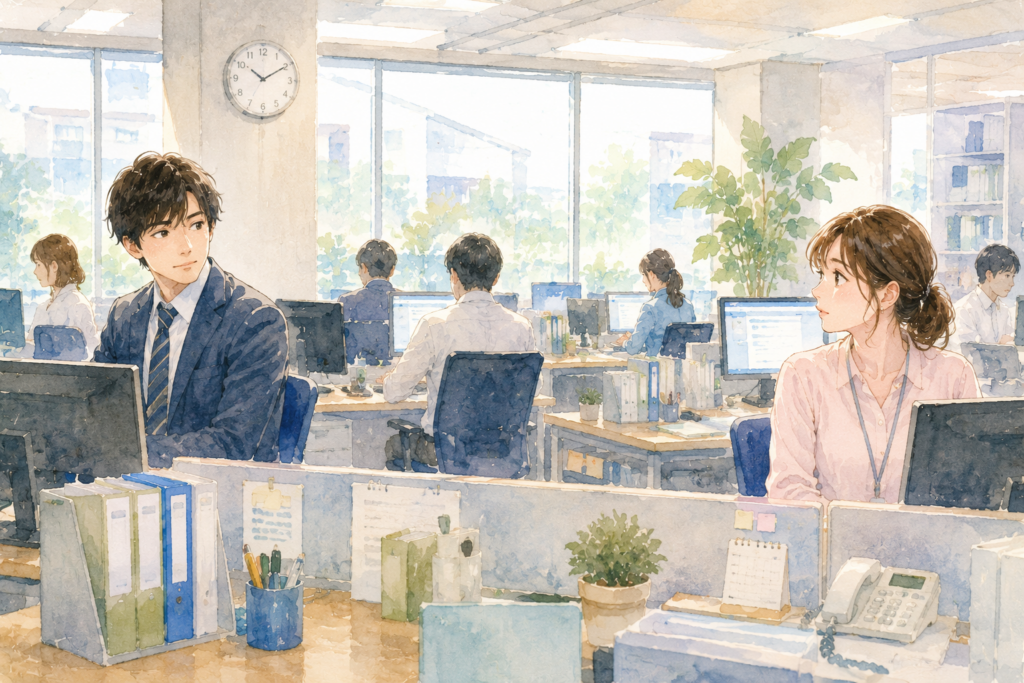職場で目が頻繁に合う男女。好意を期待指定しまう。