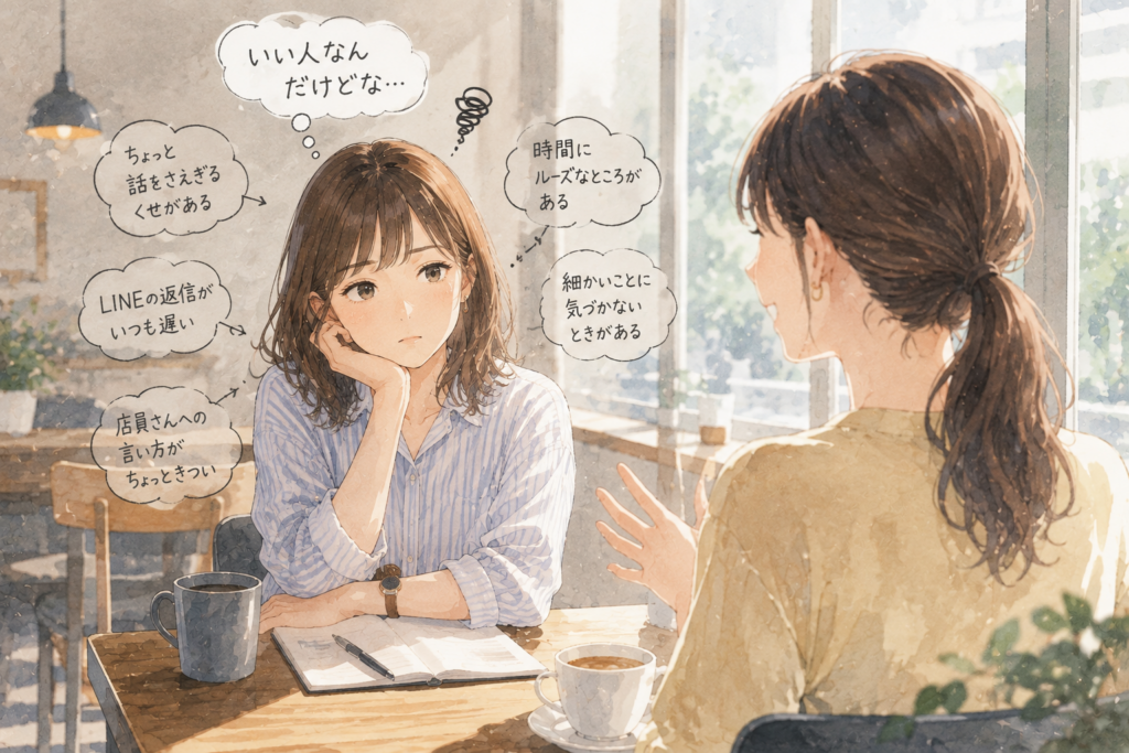 友達とカフェにいる女性。いつの間にか原点方式で相手を見ていた。