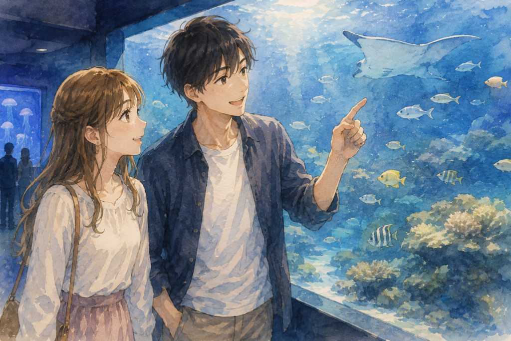 水族館でデートする男女。脈の有無はわからない。