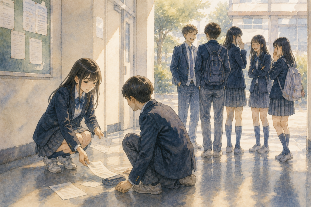 人のプリントを拾ってあげる女子生徒。のけ者になる人が悪い人ではないという表現。