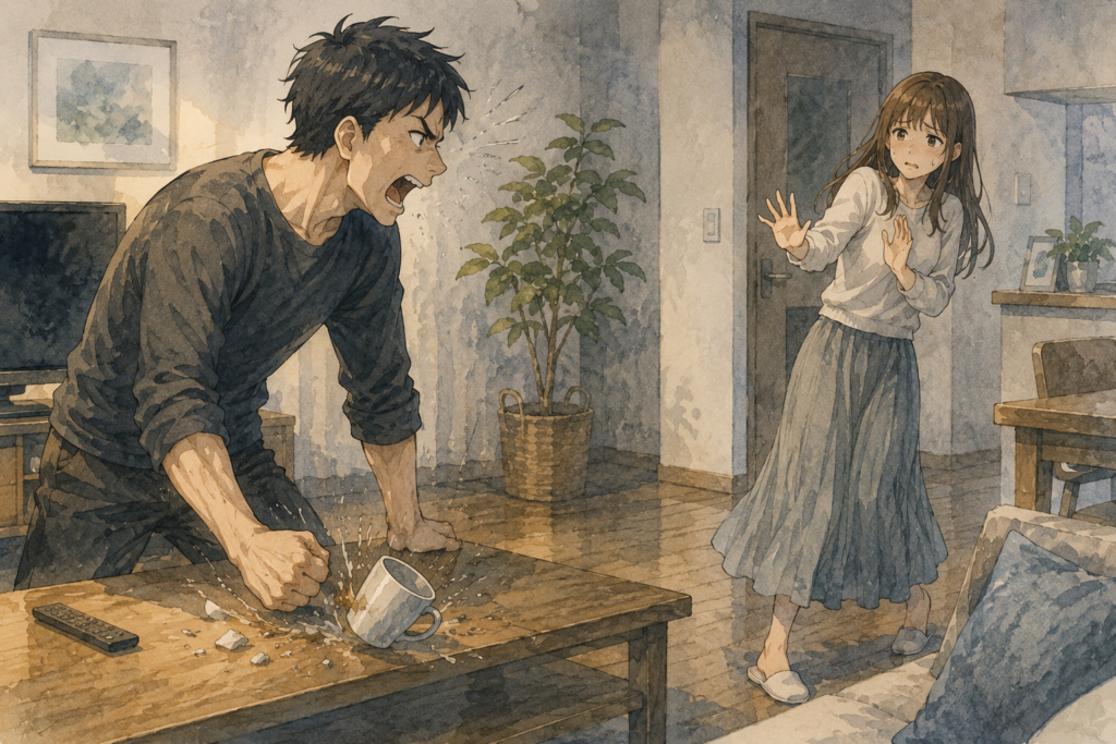 怒鳴りながらものに当たる男性。距離を取る女性。
