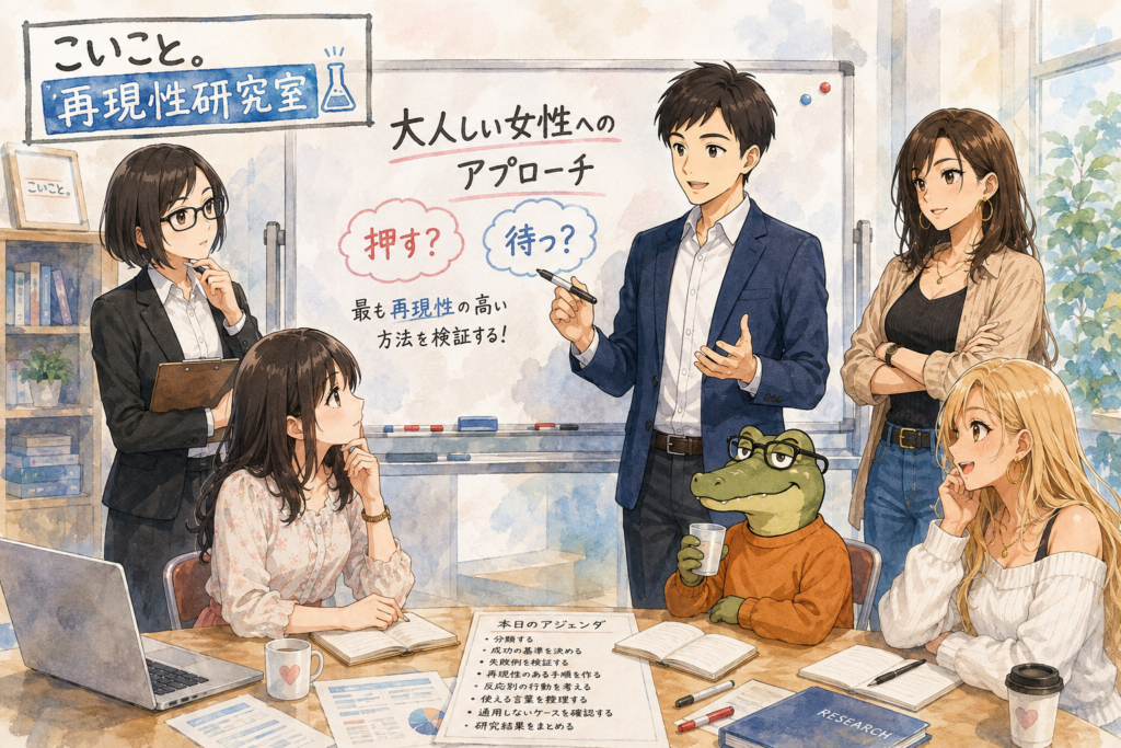 大人しい女性に対してのアプローチについて再現性の高い方法を研究するメンバー。
