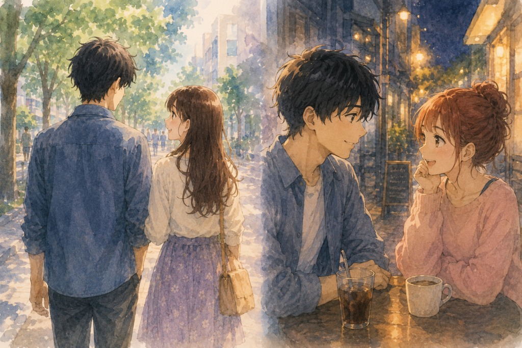 二股している男性。それぞれの女性と一緒にいるところ。