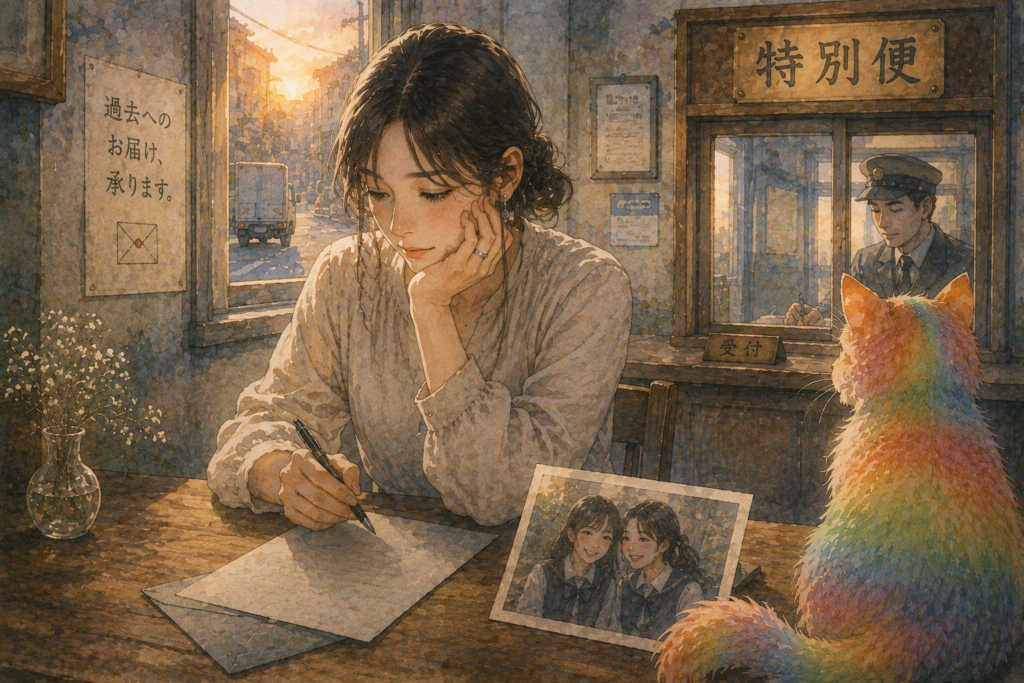 過去の親友へ手紙を書く女性。