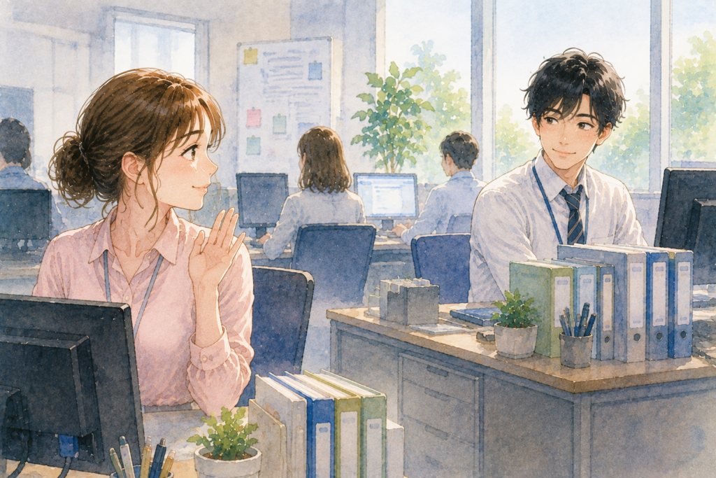 目が合った時に少し笑顔で応えてみる女性。