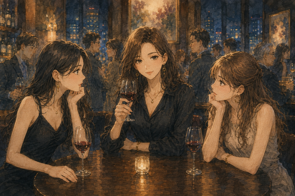 会員制のBARにいるミサキ、ユウカ、マリ、余裕の表情のマリ。