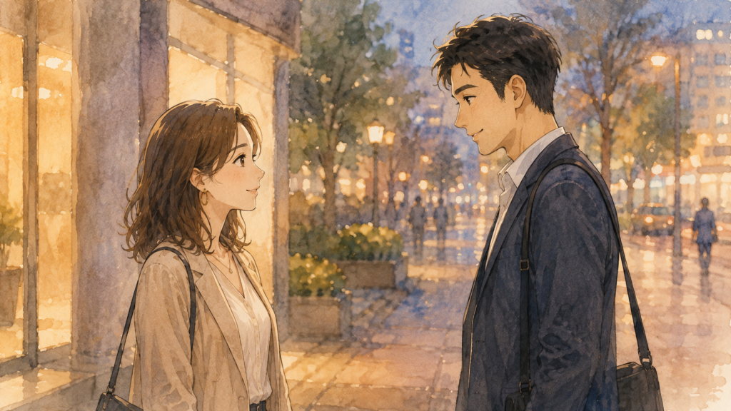 会社の外で見つめ合う男女。男性は既婚者だが両思いの予感がする。