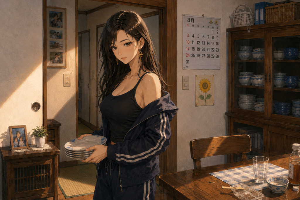 実家で皿を運ぶミサキ。実家では昔に戻る。