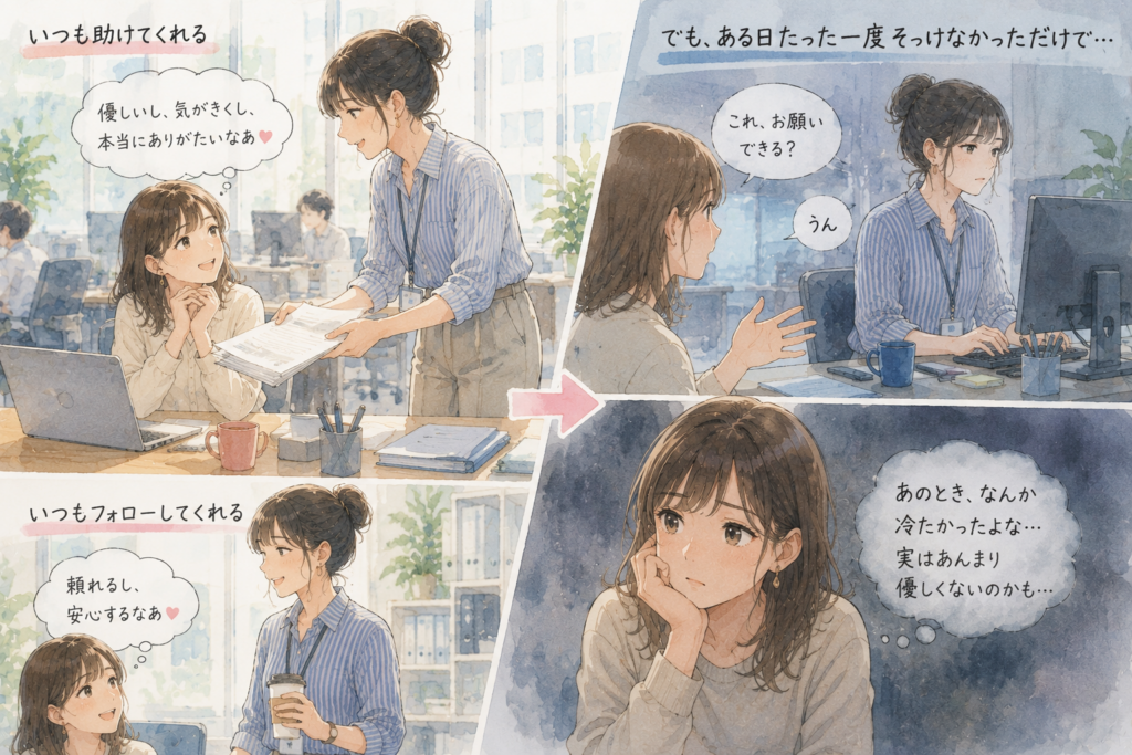 優しさには慣れてしまう。時々見られる冷たい態度は欠点として見えやすい。
