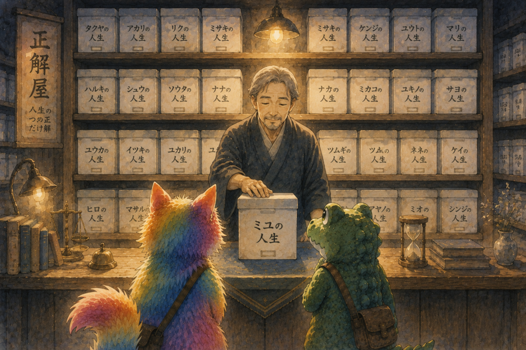選ばなかった方の人生の箱を見せる店主。