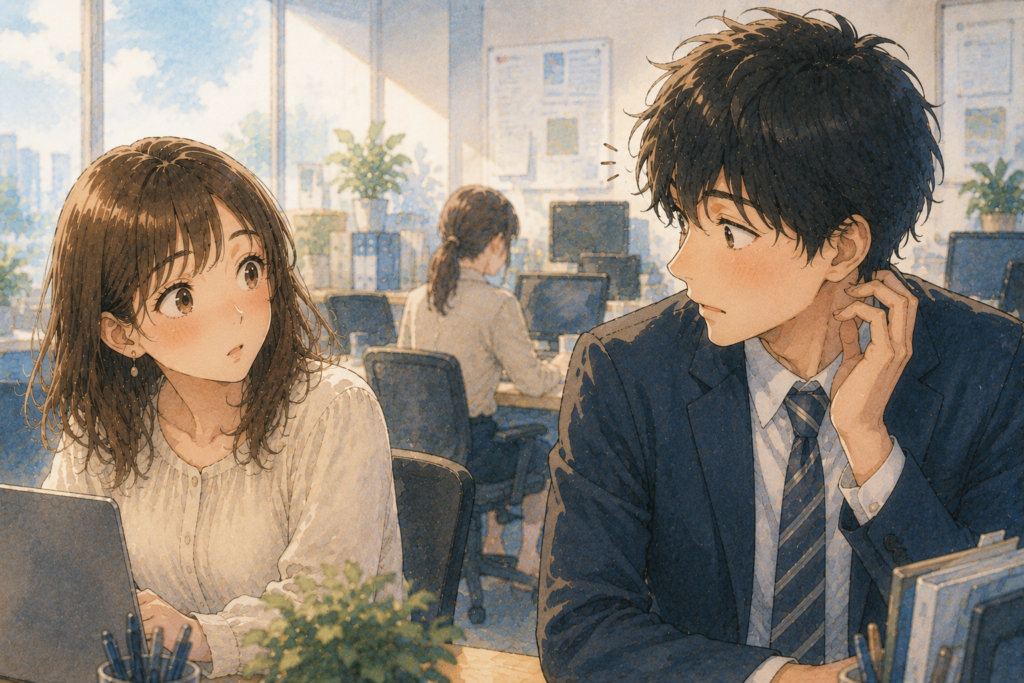 目が合って照れる男性。好意が漏れている。