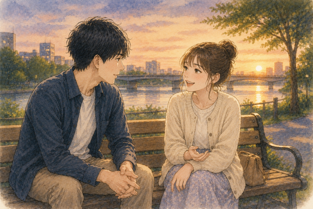 夕方のベンチに座るカップル。話し合いをして関係を改善することに成功した。