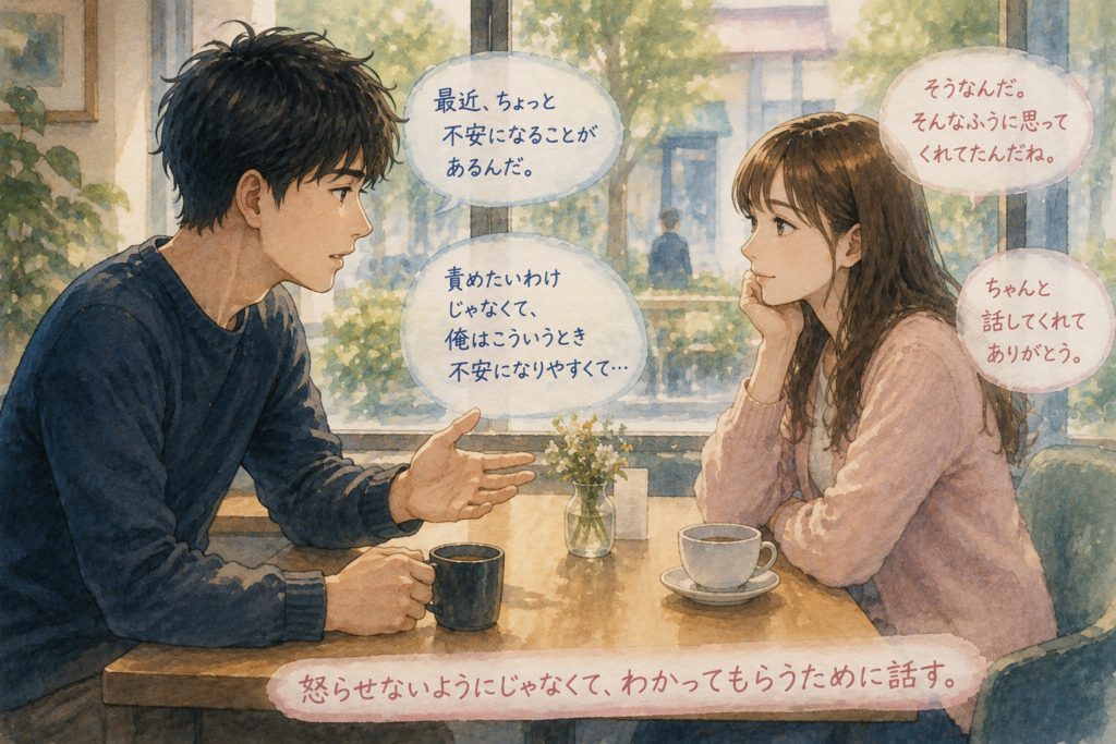 不安になっていることを彼女に話す男性。彼女はしっかり受け止めている。