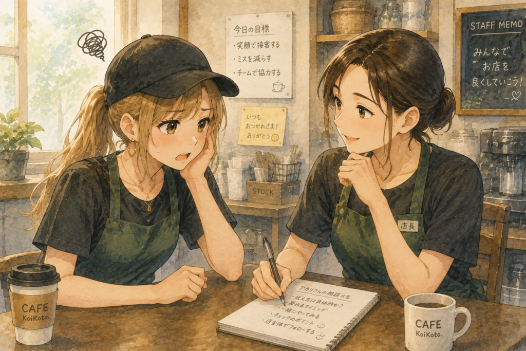 後輩指導に困り、店長に相談するアカリ。