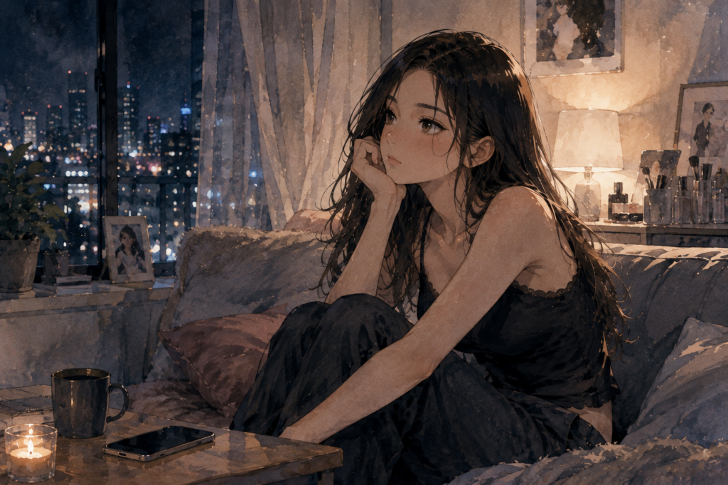 自室でしんみりするミサキ。負けた日は普通に落ち込む。