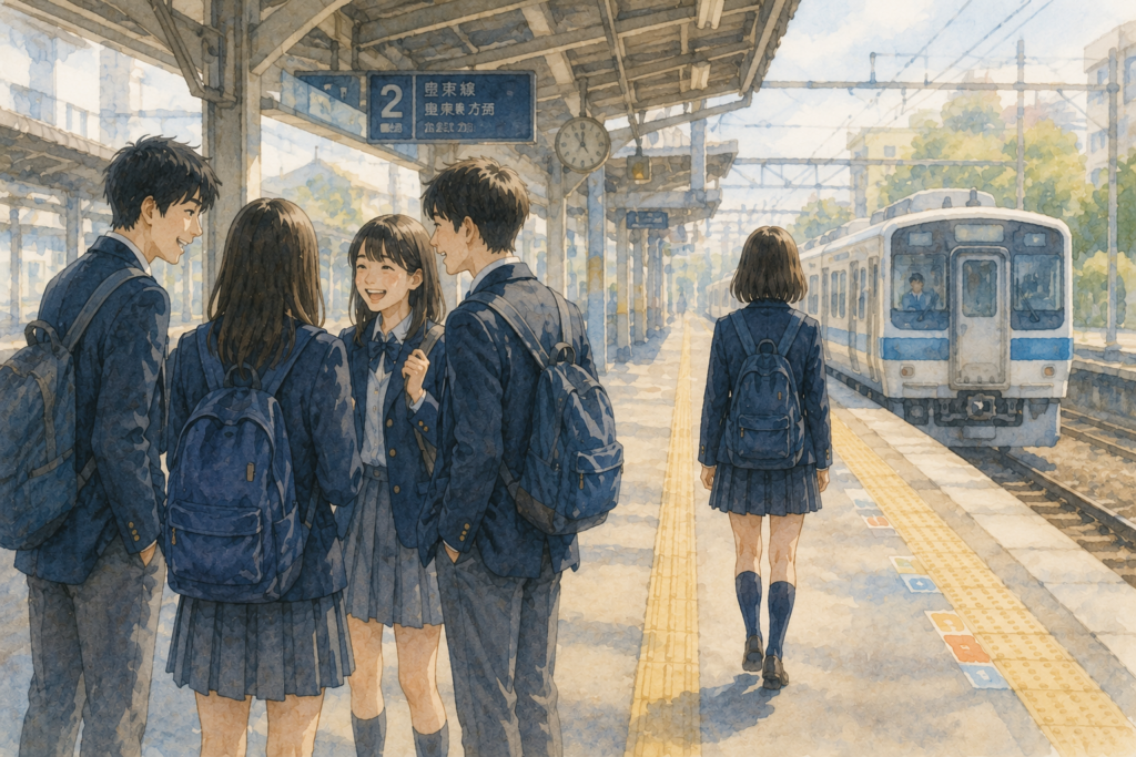 楽しそうに会話する学生グループ。一人ポツンとする女学生。