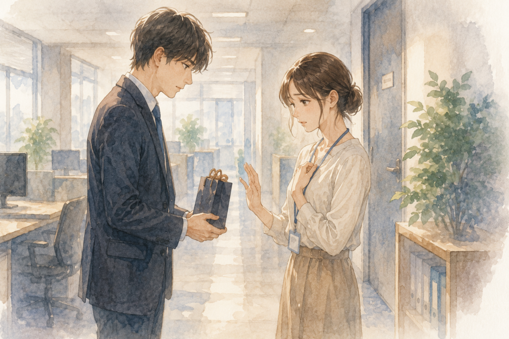 職場の先輩に告白される女性。断ろうとしている。