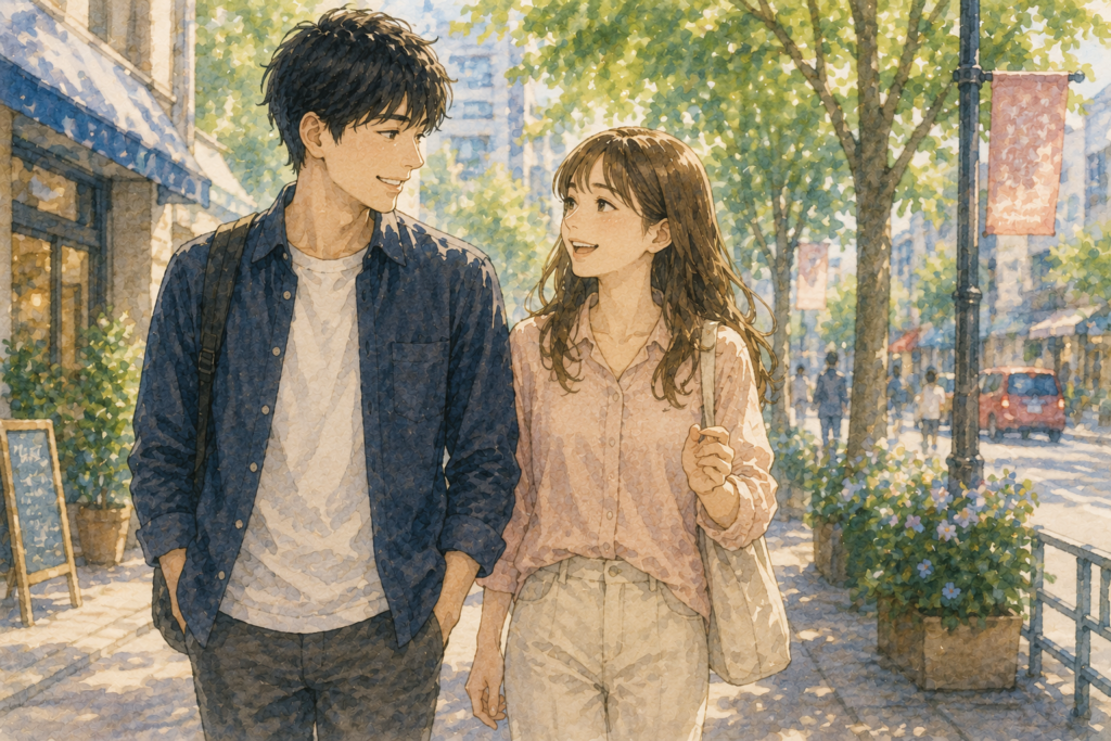 街を歩くカップル。少しずつ信頼関係を作る。