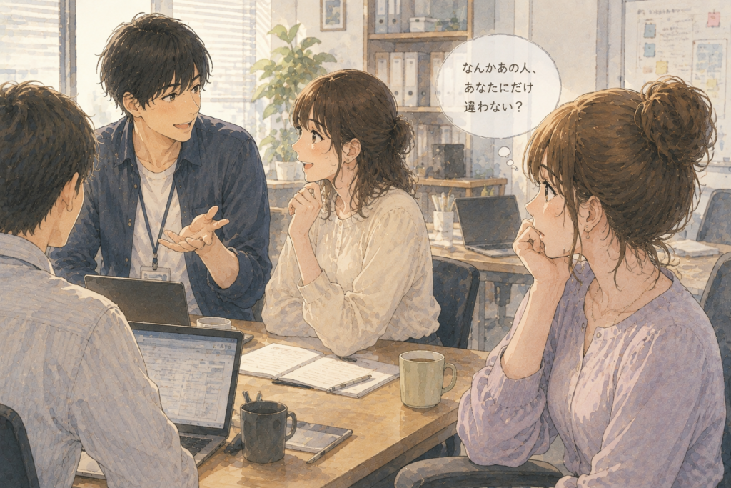 特定の女性にだけ態度が違う男性。周囲に好きバレしている。