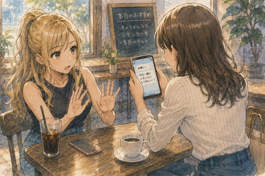 二股のアリバイ工作を友達に頼まれて困るアカリ。