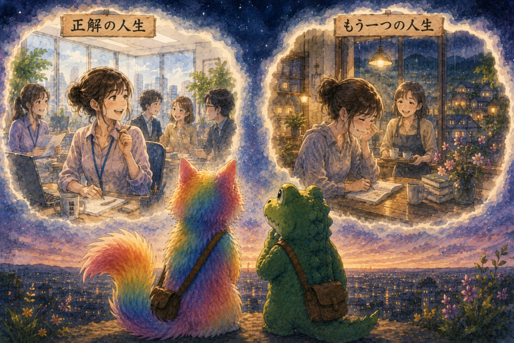 ミユの正解の人生ともう一つの人生を見るナツメとワニオ。