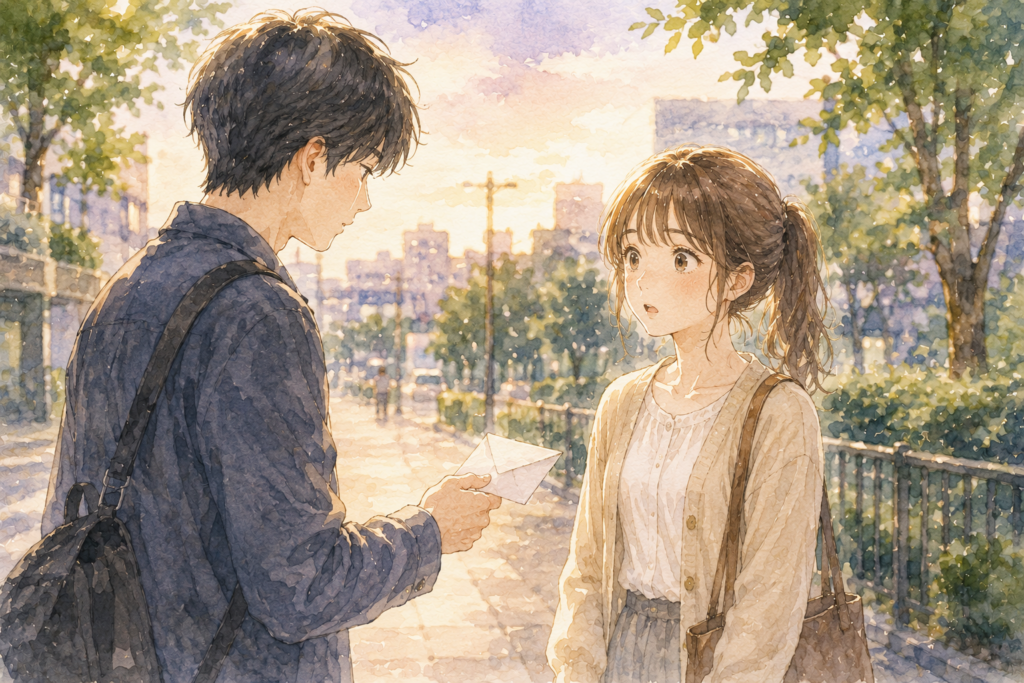 男性に告白される女性。意識していなかっただけに驚いている。
