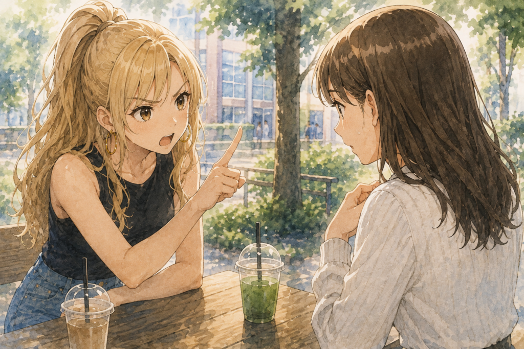 二股している友達を追求するアカリ。