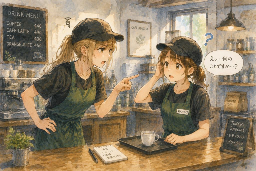 後輩を注意するアカリ。しかし言い方が悪く後輩は意味がわからない。