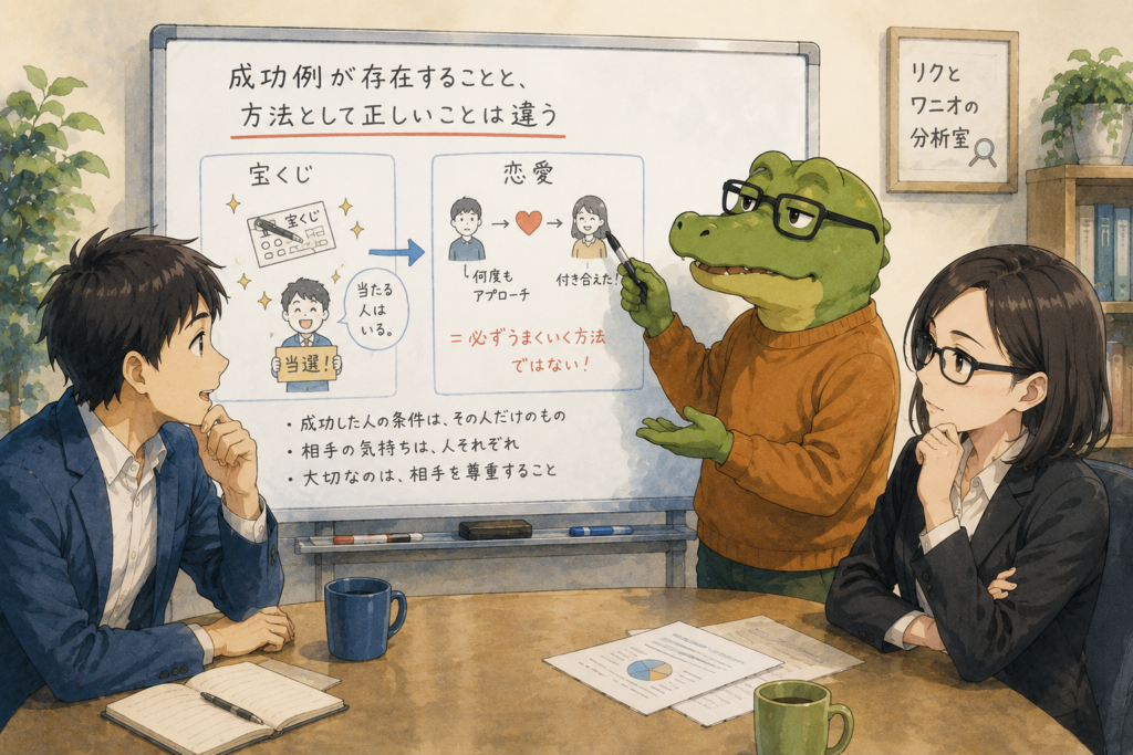 何度もアプローチして成功することもあるが再現性があるわけではないことを解説するワニオ。