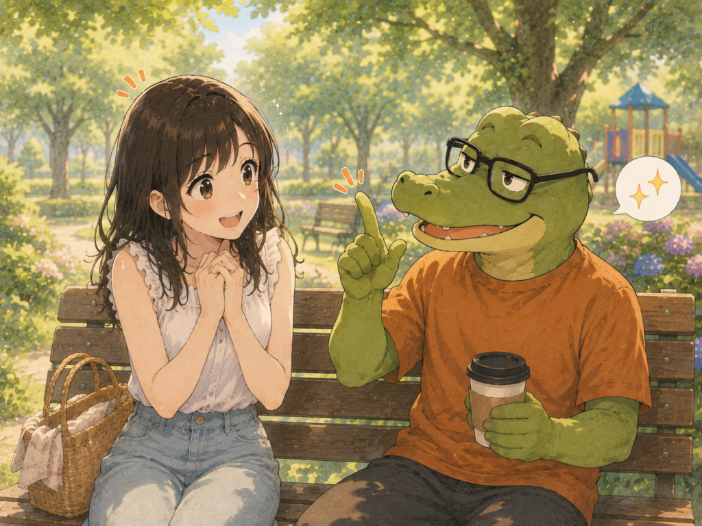 ワニオの話を聞いて先日の飲み会への後悔が薄まるミユ。