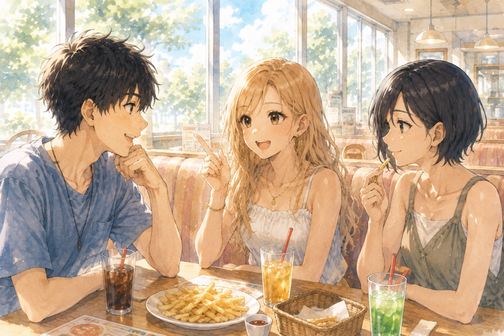 ファミレスで雑談をするアカリとハルキとシュウ。
