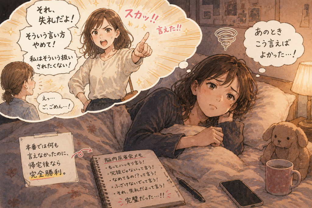 脳内反省会ではビシッと言えることにモヤモヤする女性。