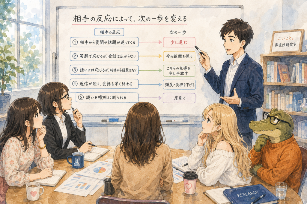 相手の反応によって行動を変えることを解説するリク。