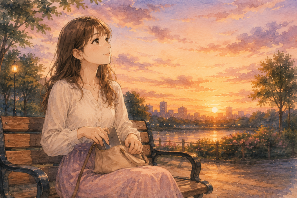 公園のベンチで晴れやかな表情の女性。急いで答えを出さずに自分を大切にする答えを探そうとしている。