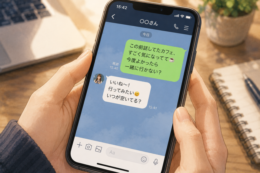 スマホの画面、LINEでデートに誘う文面。OKの返信が来ている。