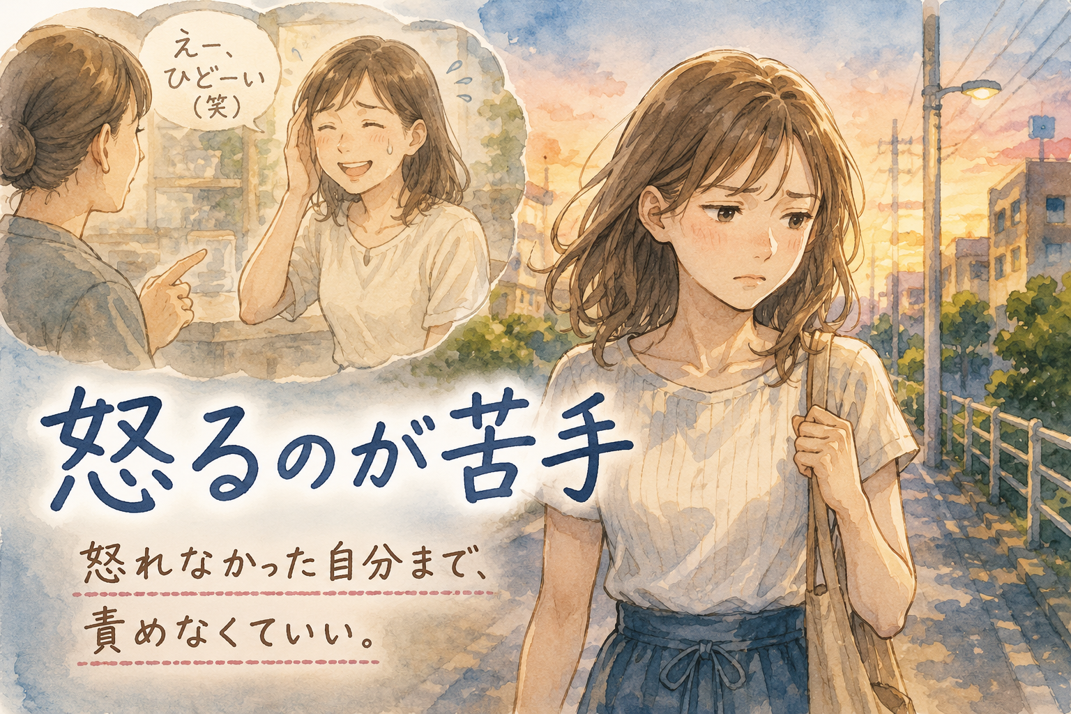 失礼なことを言われた女性。その場では笑っていたが後になって後悔している。