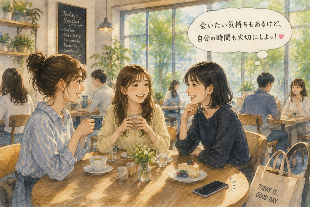友達と過ごす女性。彼氏と会いたいが自分の時間を大切にする。