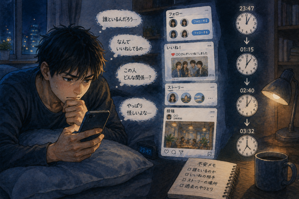 彼女のSNSをくまなくチェックする男性。