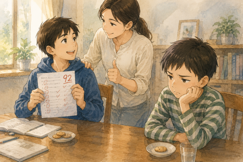 テストで高得点を取って褒められる兄。面白くない弟。