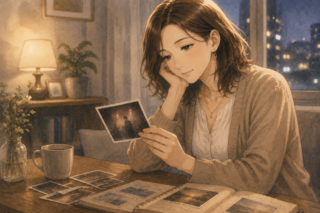昔の写真を見るマリ。裏面になにか書いてある。