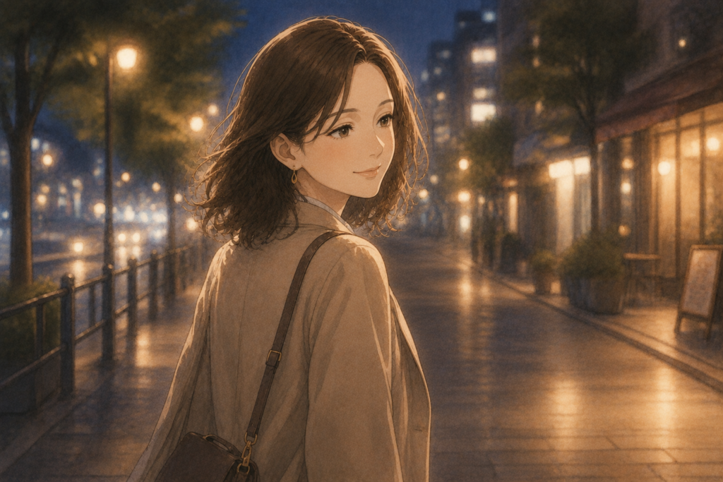 夜道を歩くマリ。優しさと強さを手に入れた状況。