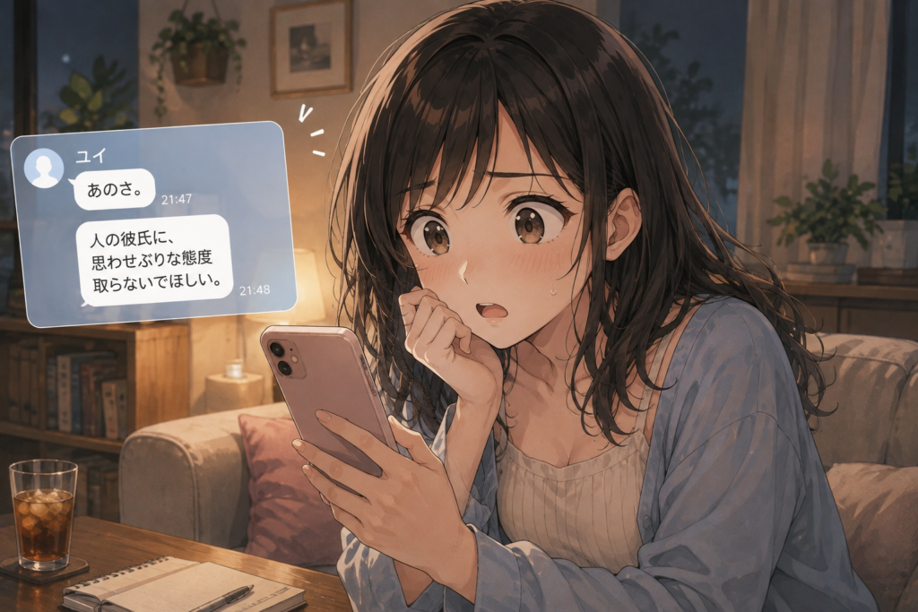 ユイから彼氏に思わせぶりな態度取らないでとLINEが来た。驚くミユ。