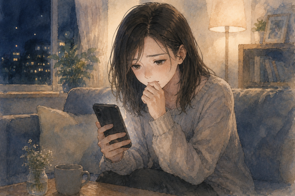 スマホで兄弟の失敗を知りホッとする。それに嫌悪を感じる女性。